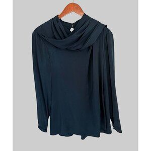 MM.LaFleur Navy Silk Blend Drape Neck Long Sleeve Blouse S